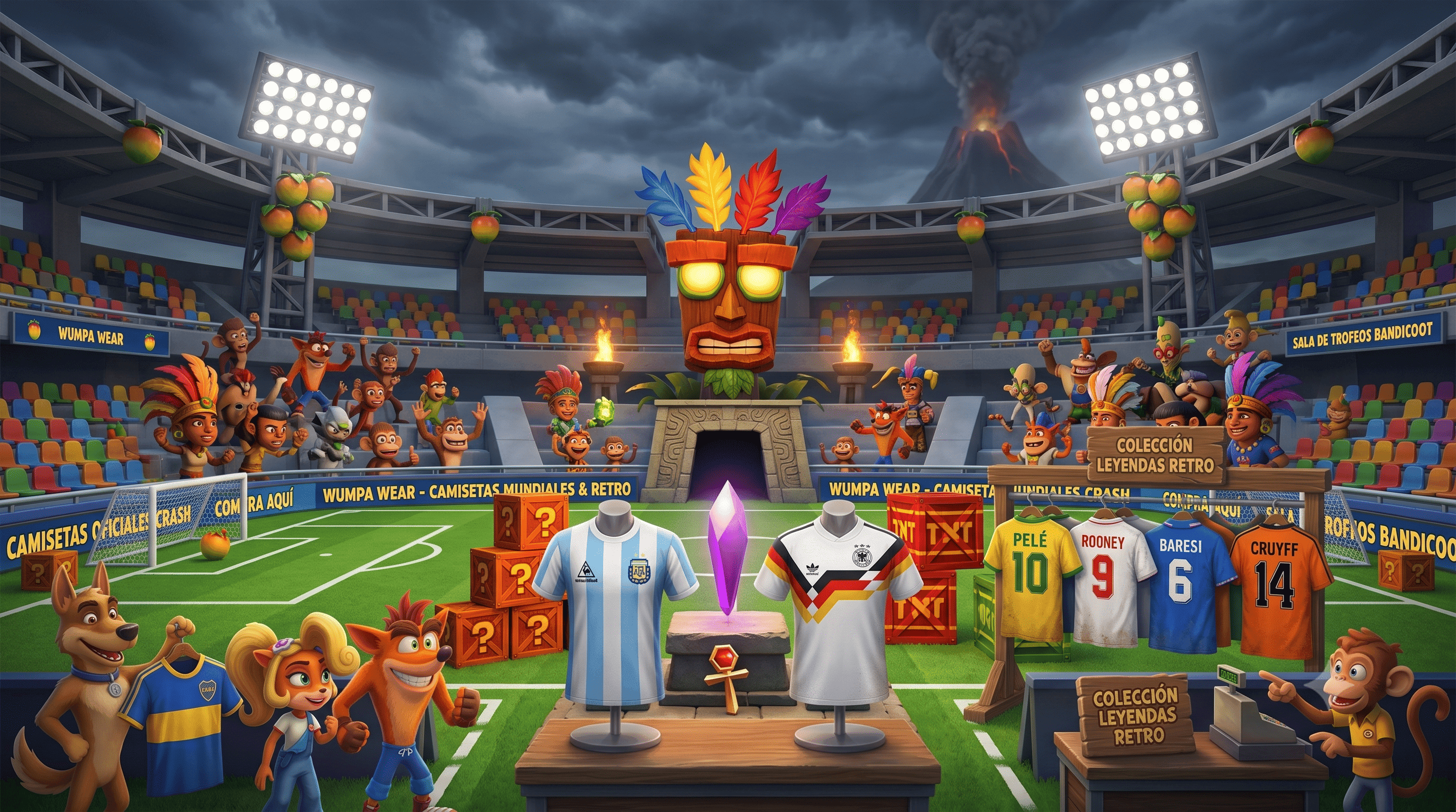 El estadio de Crash Camisetas, con la hinchada, la colección de camisetas colgadas y el cristal central en la cancha.